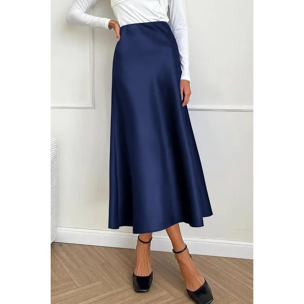 Women's Navy Blue High Waisted Cocktail Satin Flowy Elegant A Line Midi Skirt - Picture 5 of 6